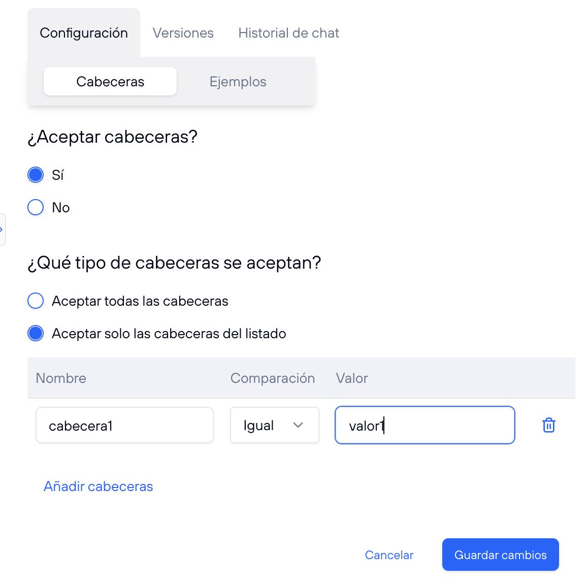 Listado de cabeceras permitidas