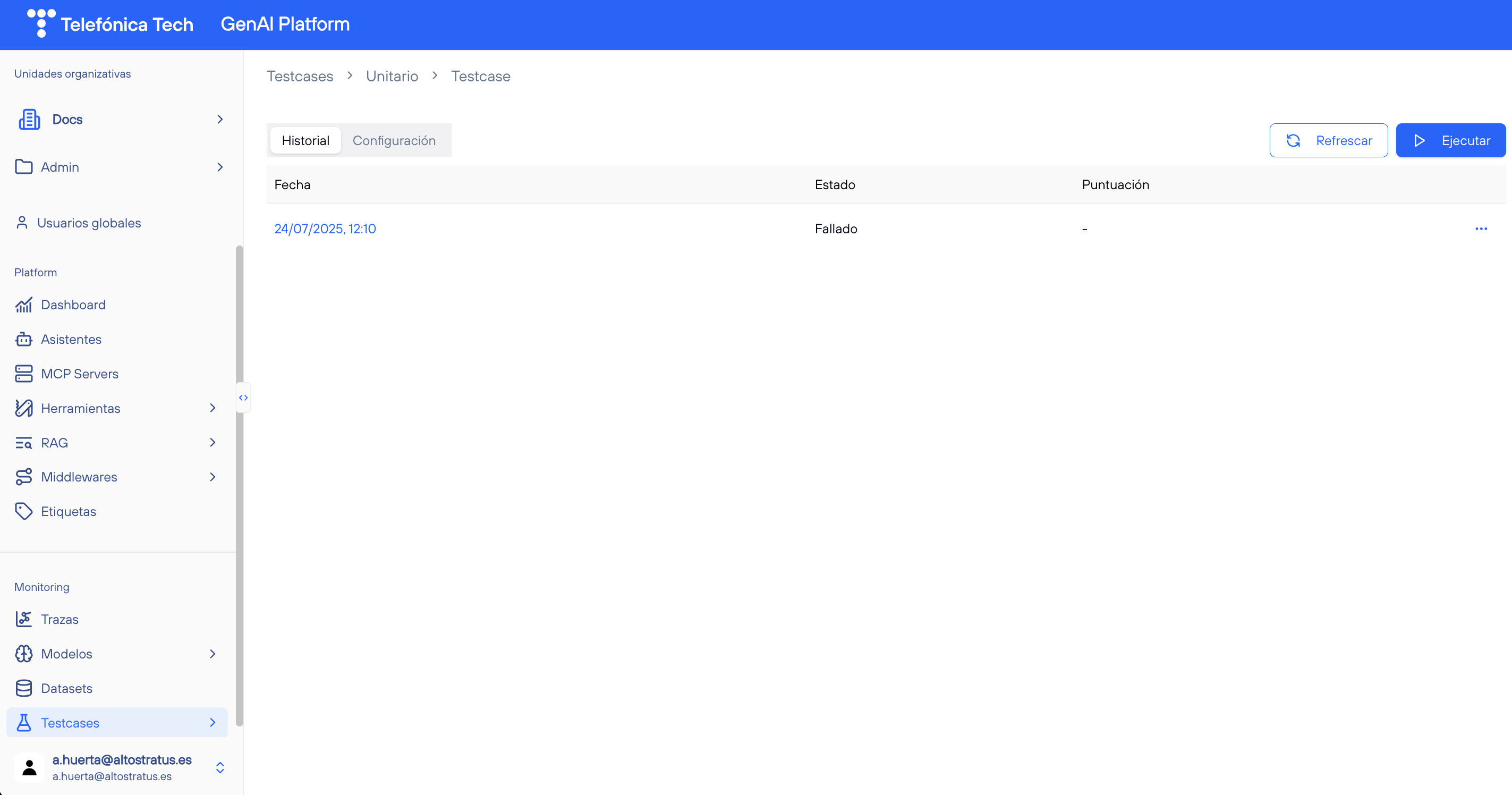 Vista de Test Case ejecutados