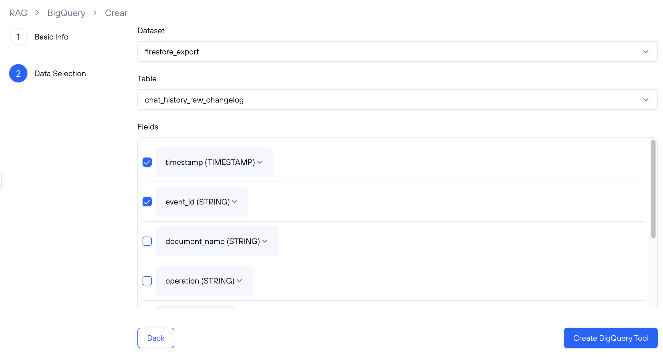 Paso 1 para crear la herramienta BigQuery