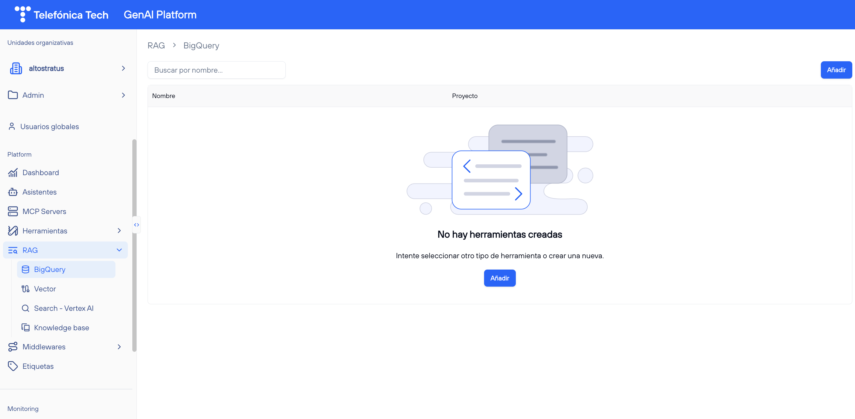 Listado de Herramientas BigQuery vacío